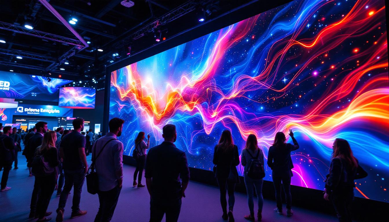 A photograph of a dynamic video wall display at a trade show booth