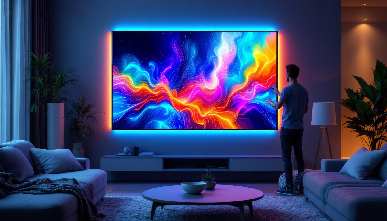 A photograph of a vibrant led wall tv panel in a modern living room setting