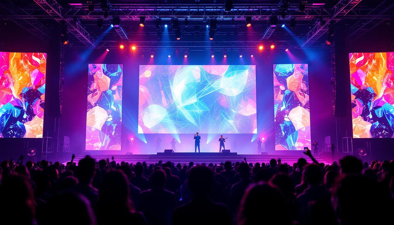 A photograph of a vibrant stage setup featuring led screen panels in action