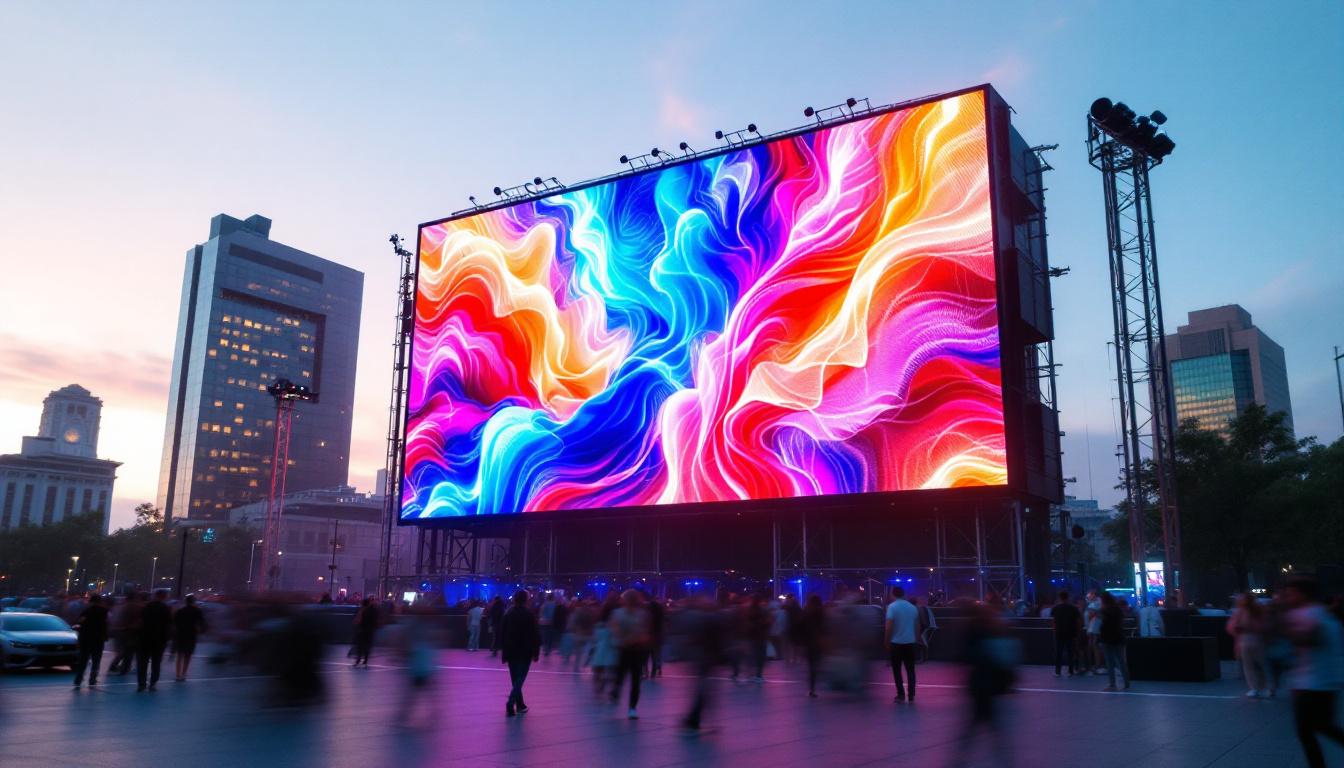 A photograph of a vibrant jumbotron led display in an outdoor setting