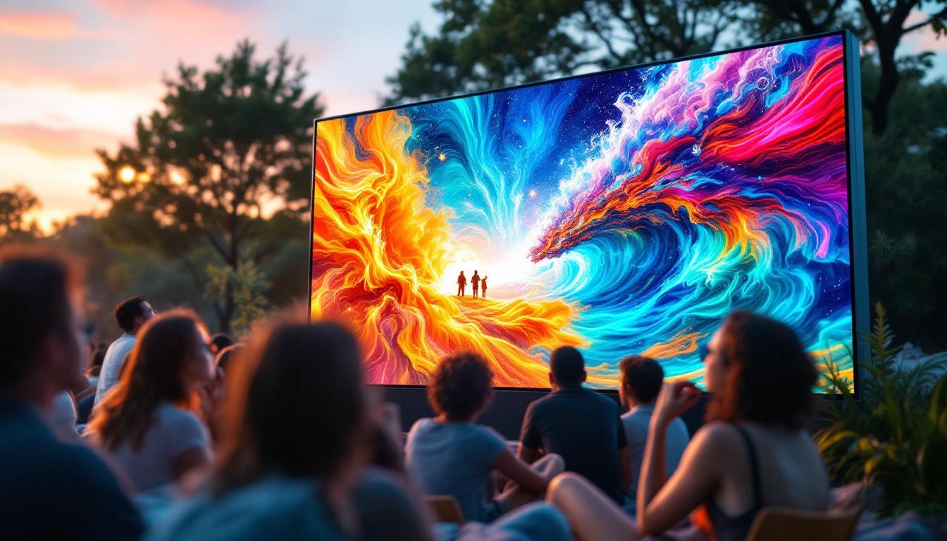 A photograph of capture a photograph of a vibrant outdoor setting featuring a large led panel tv displaying dynamic visuals