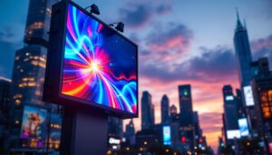 A photograph of a vibrant led advertising board in an urban setting at dusk