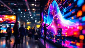 A photograph of a vibrant led display in a dynamic setting