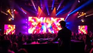 A photograph of a vibrant dj booth featuring a large