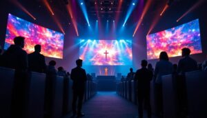 A photograph of a vibrant led video wall in a church setting