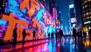 A photograph of a vibrant led display in a dynamic urban setting