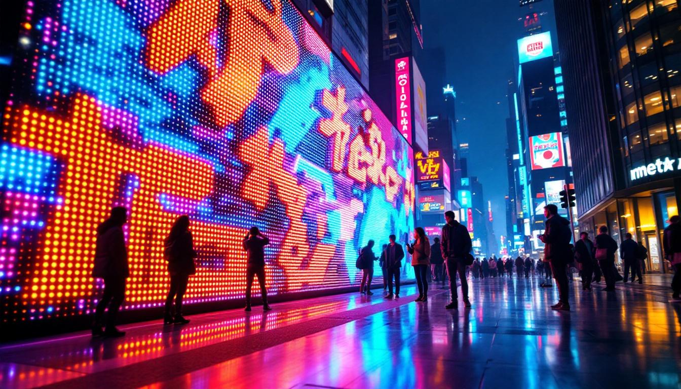 A photograph of a vibrant led display in a dynamic urban setting
