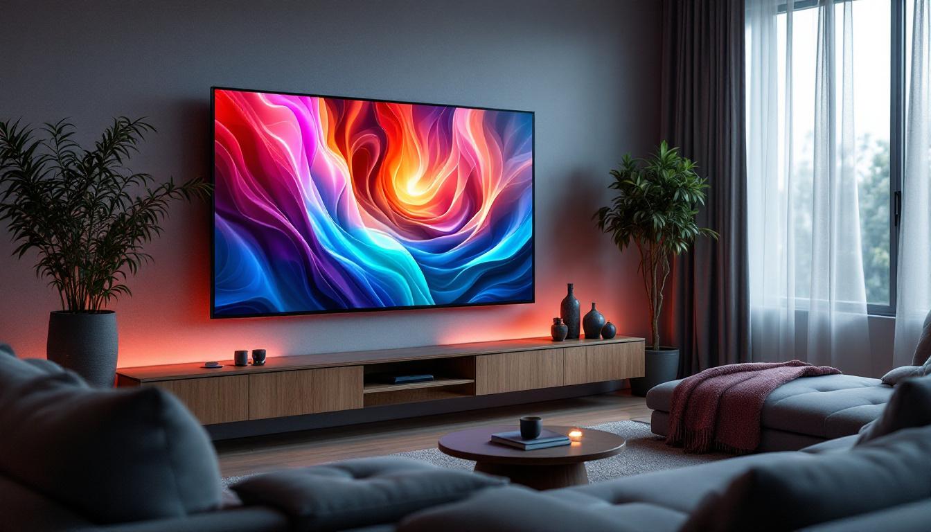 A photograph of a modern living room featuring a sleek led display tv