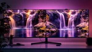 A photograph of a side-by-side comparison of an led display showcasing content through hdmi 2.0 and displayport 1.4 connections