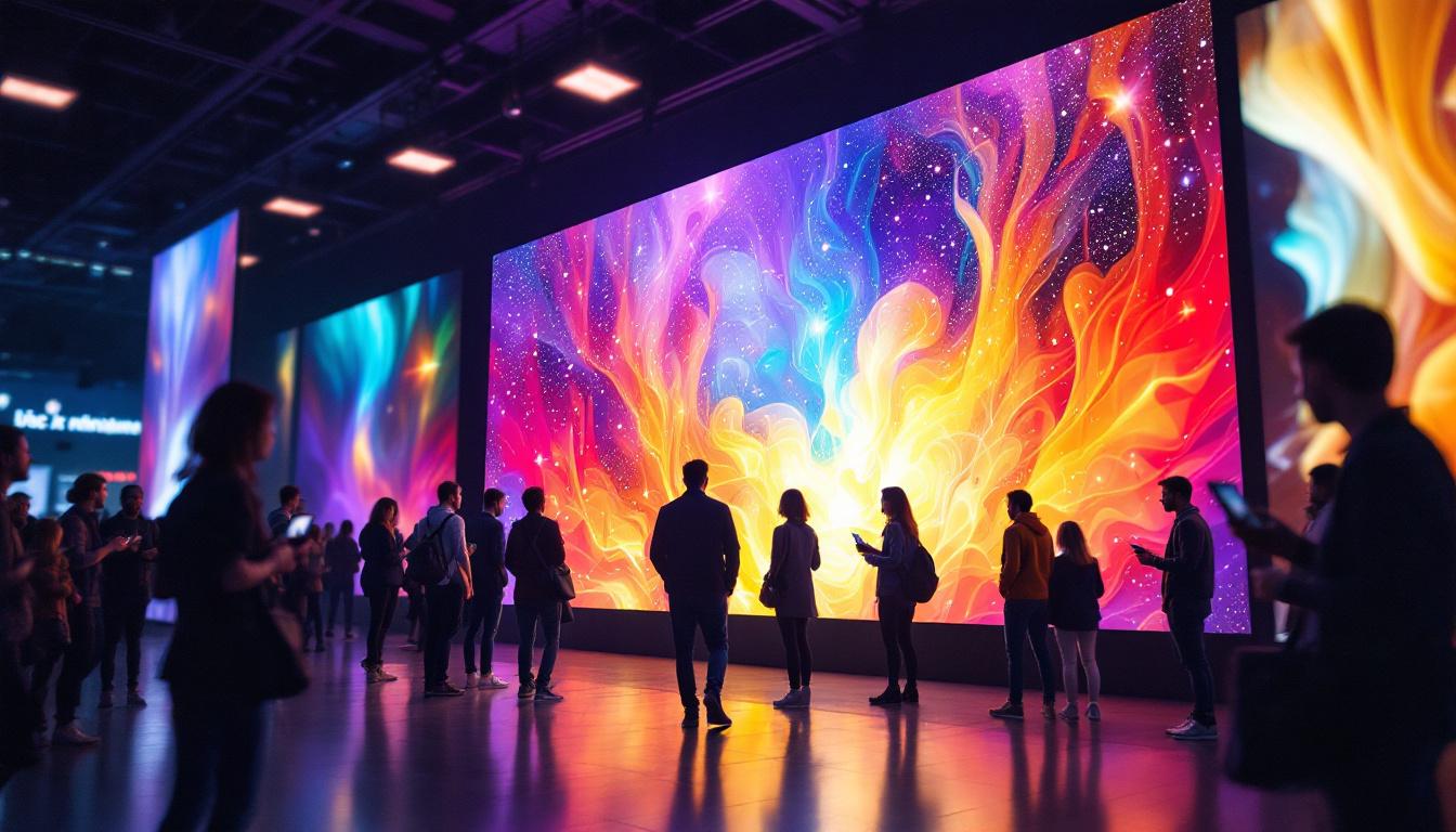 A photograph of capture a photograph of a vibrant led video wall installation in a dynamic setting
