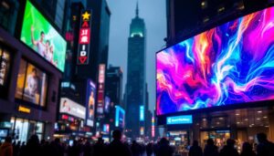 A photograph of a vibrant led display in a bustling urban environment