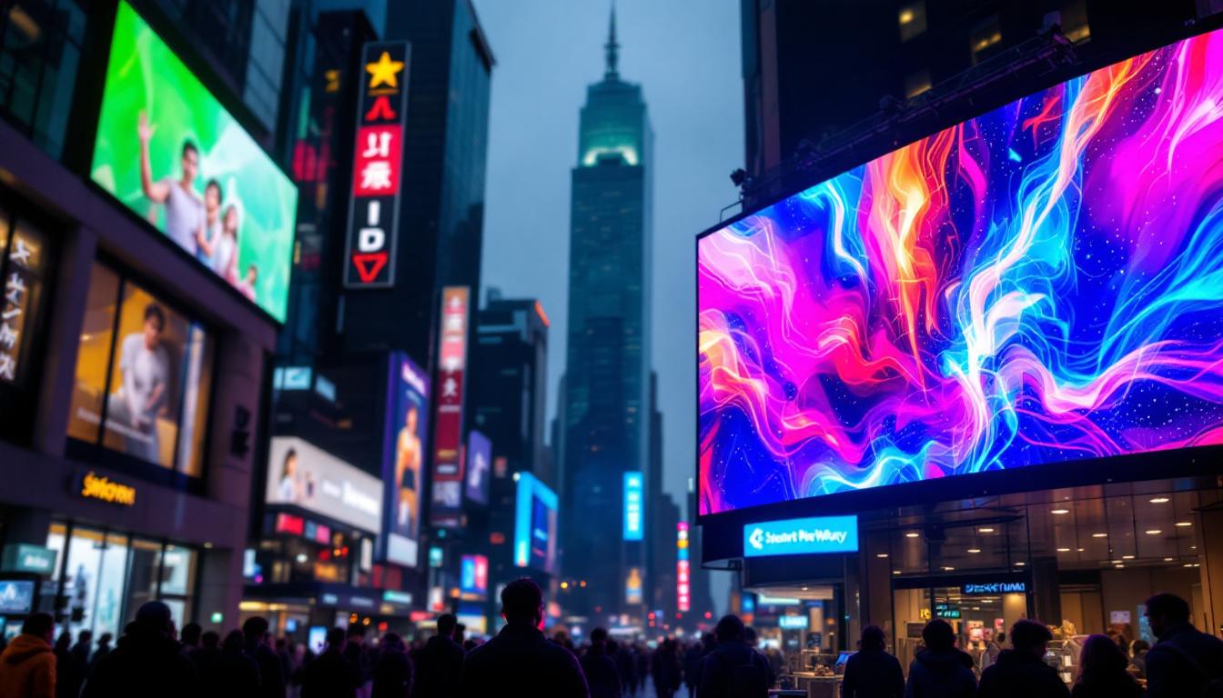 A photograph of a vibrant led display in a bustling urban environment
