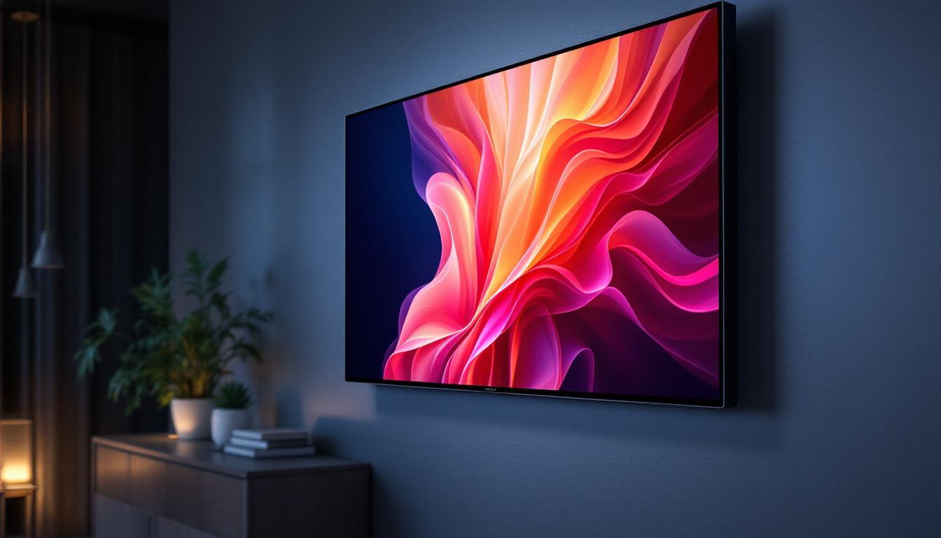 A photograph of a sleek wall-mounted lcd display in a modern setting