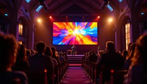 A photograph of a vibrant led screen installed in a church setting