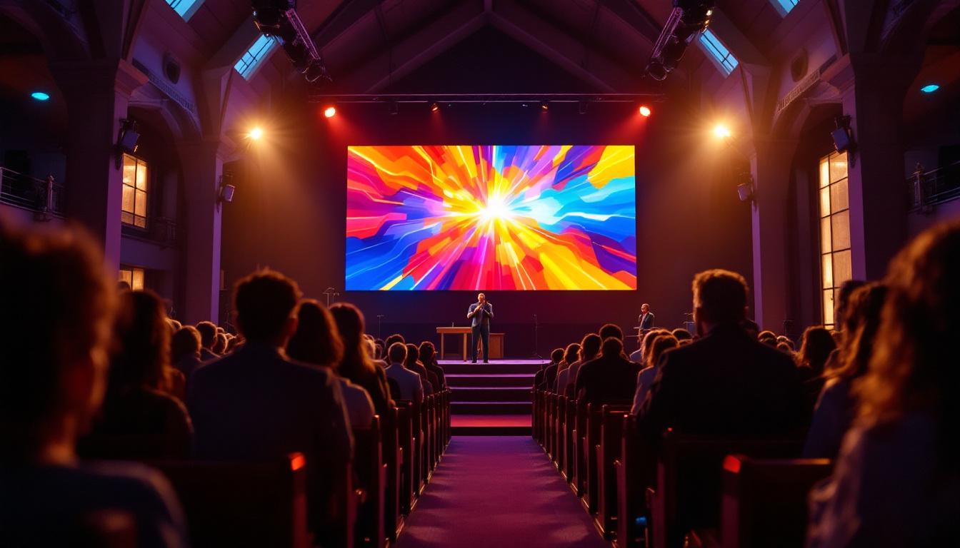 A photograph of a vibrant led screen installed in a church setting