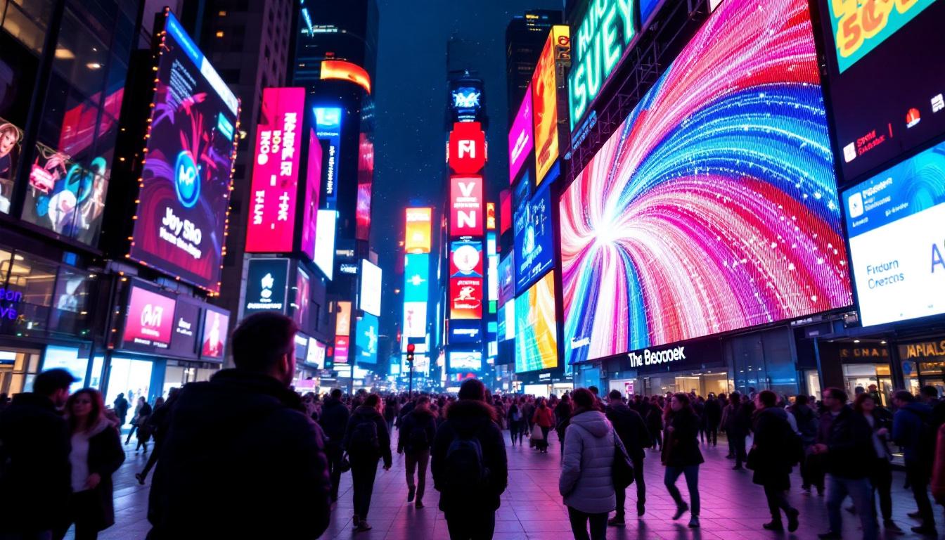 A photograph of a vibrant led display in a bustling urban setting