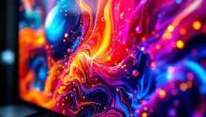 A photograph of a close-up shot of an led tv screen displaying vibrant colors and sharp details