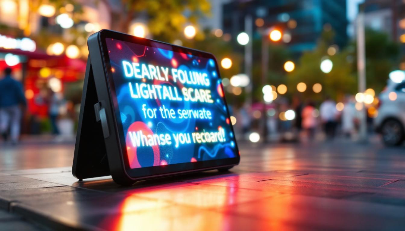 A photograph of a vibrant portable led sign board displaying dynamic graphics or text in an outdoor setting
