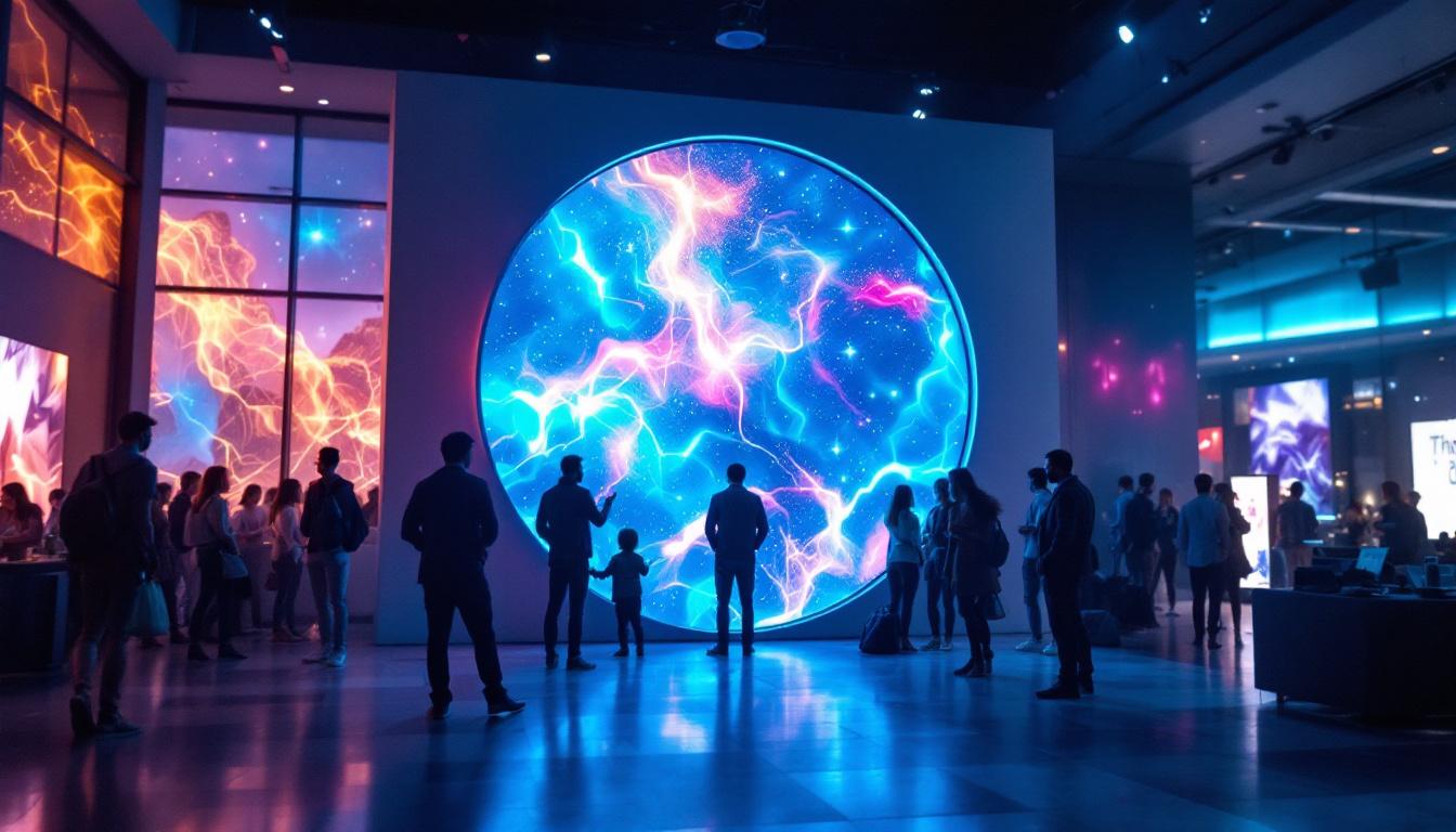 A photograph of a vibrant round led screen displaying dynamic visuals in an engaging environment