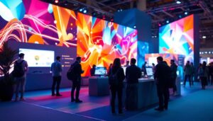 A photograph of a vibrant trade show booth featuring an eye-catching led display