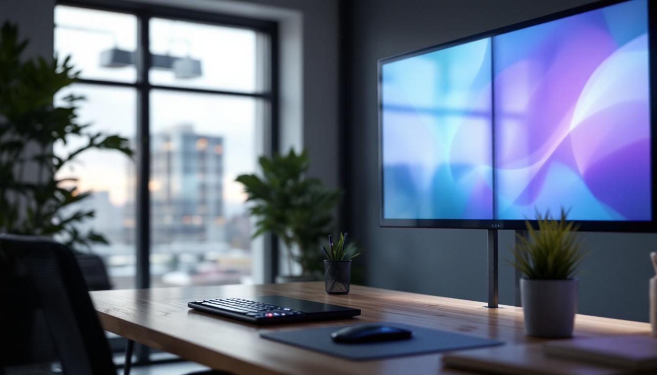 A photograph of a modern workspace featuring a sleek privacy screen panel with an led display