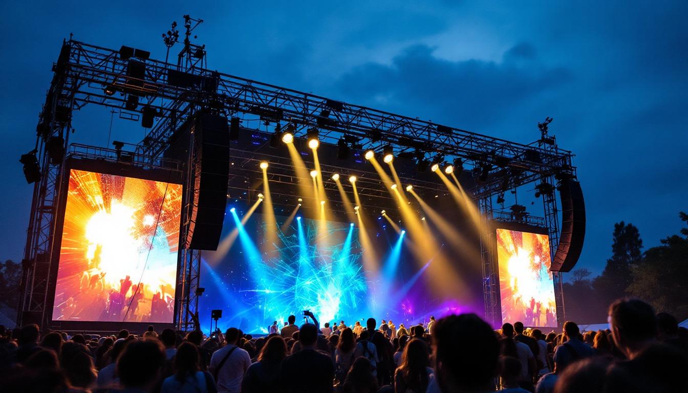 A photograph of a 20-foot truss structure showcasing a vibrant led display at an outdoor event