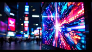 A photograph of a vibrant led display showcasing dynamic visuals