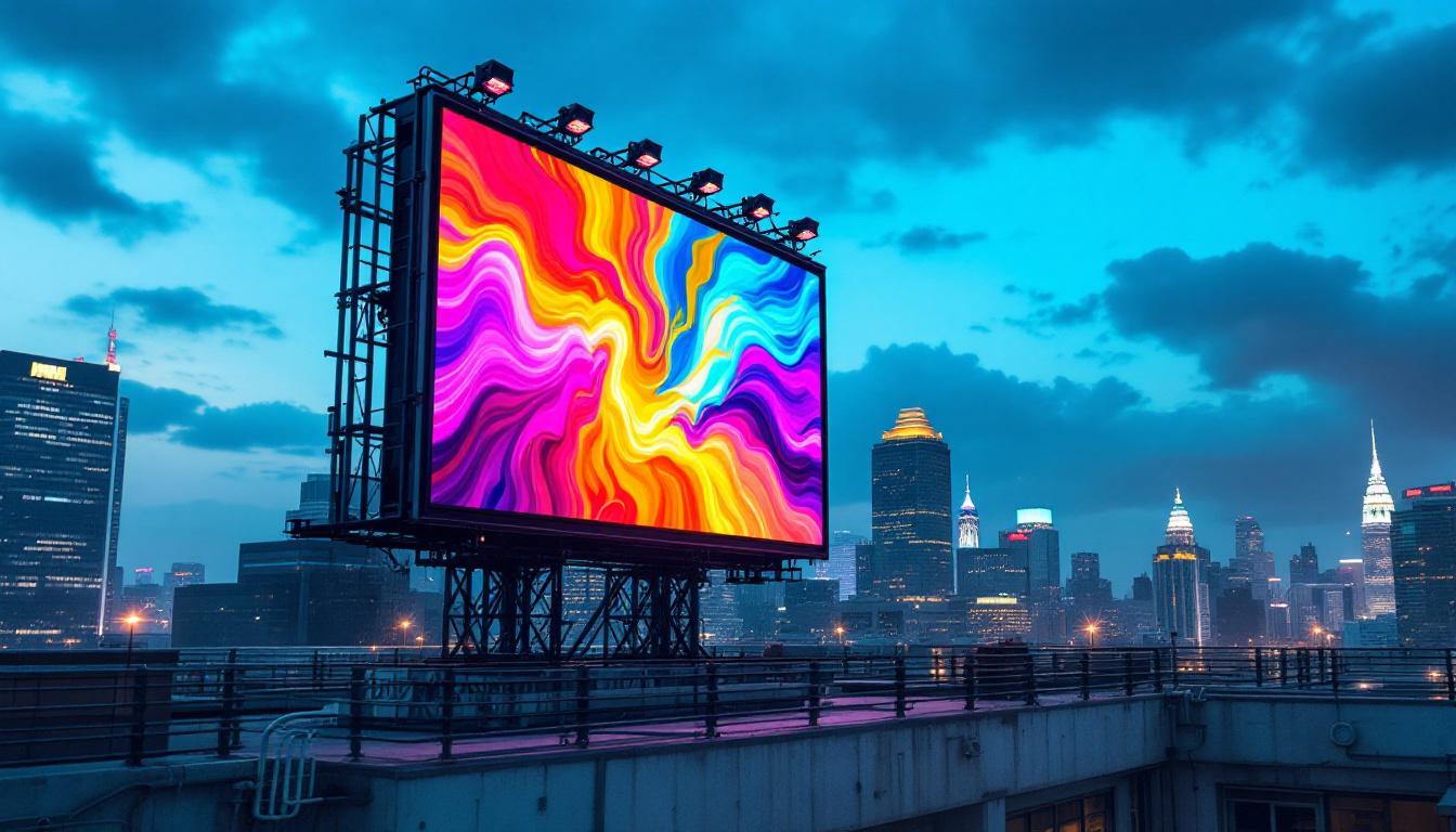 A photograph of a vibrant jumbotron led display mounted on a rooftop