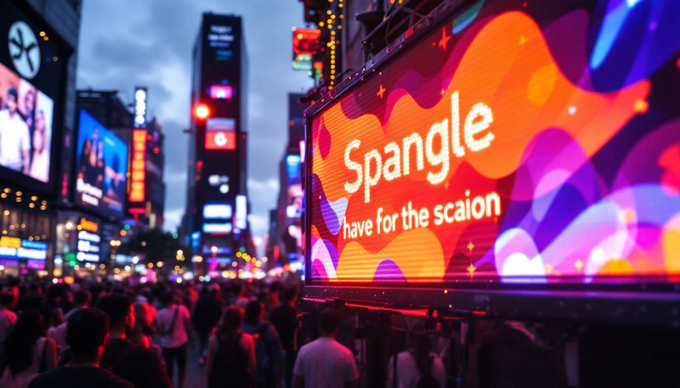 A photograph of capture a photograph of a vibrant led banner illuminated in a bustling urban setting
