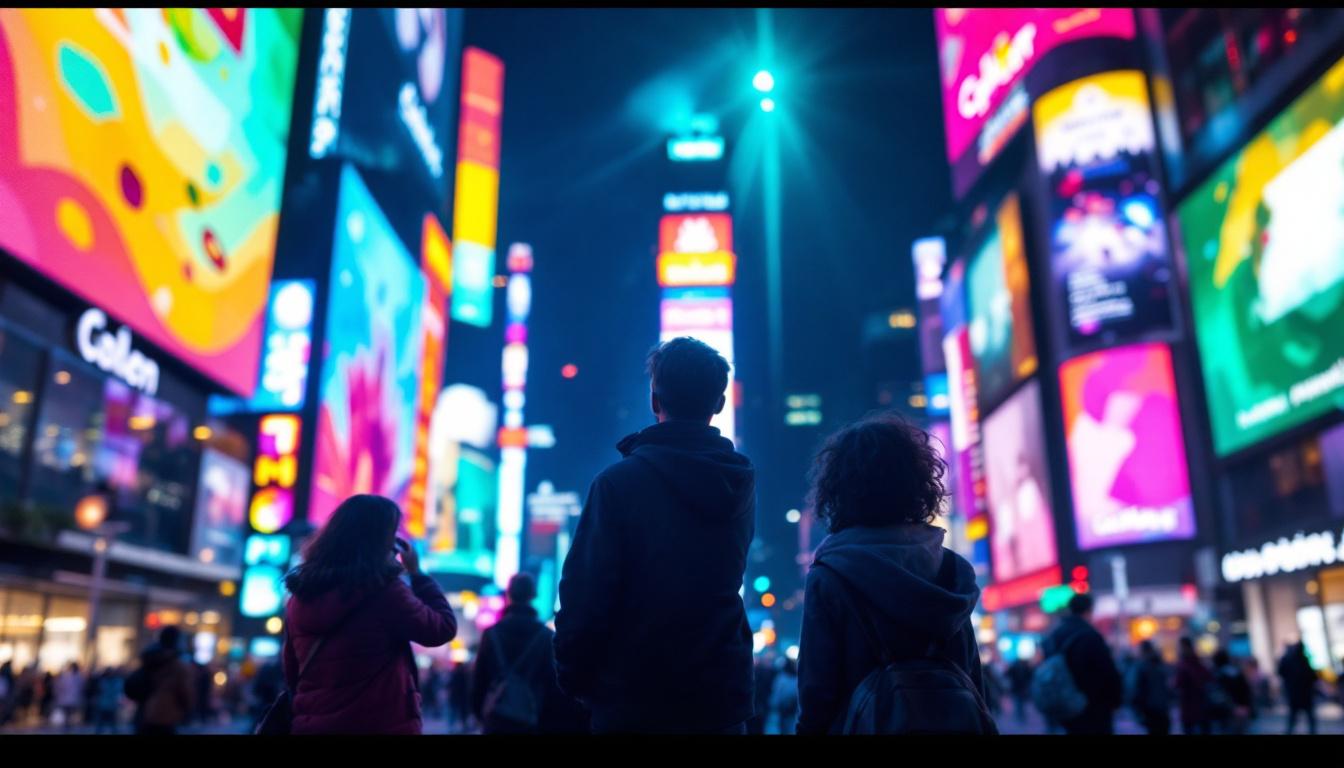 A photograph of a vibrant led display in a bustling urban environment at night