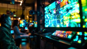 A photograph of a vibrant led wall display in a dynamic setting