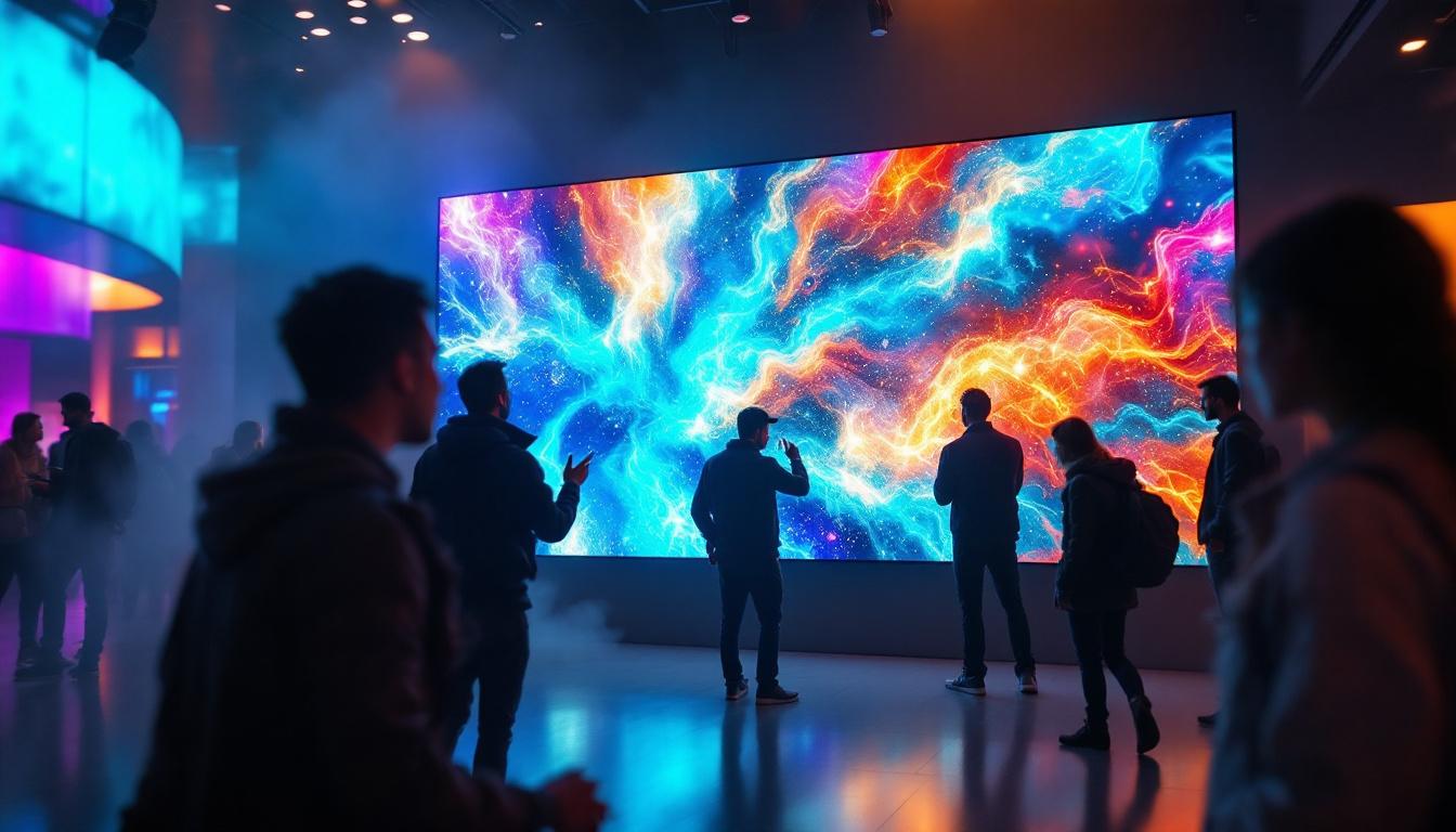 A photograph of a vibrant led display in a dynamic setting