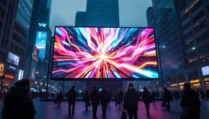 A photograph of a vibrant led display in an urban setting