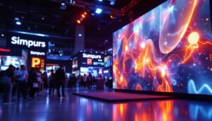 A photograph of a vibrant and engaging trade show booth featuring an led display in action