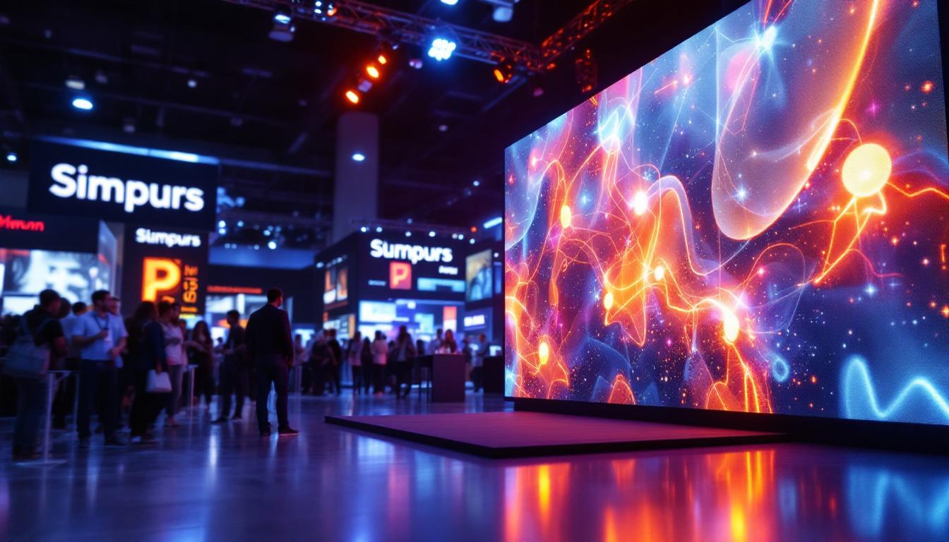 A photograph of a vibrant and engaging trade show booth featuring an led display in action