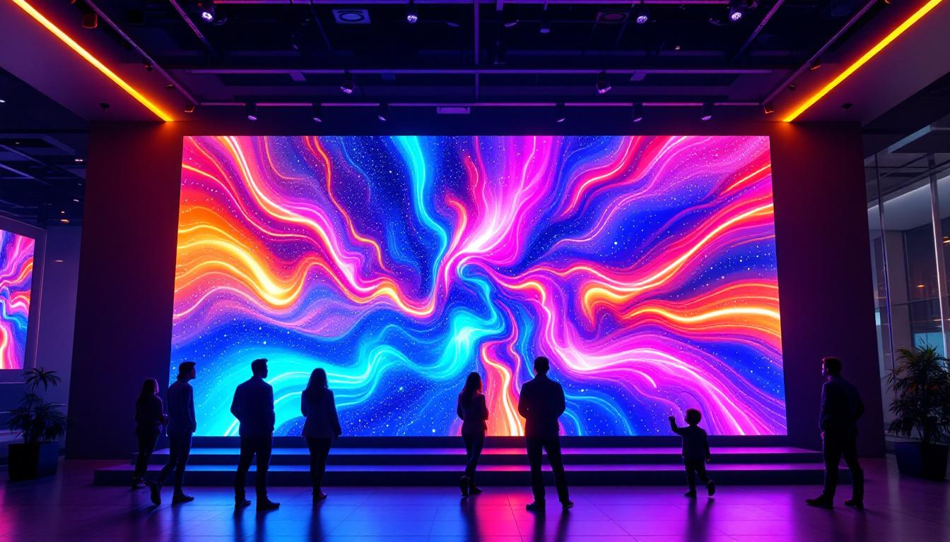 A photograph of a vibrant led display in a modern setting