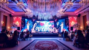 A photograph of a beautifully decorated wedding venue featuring a vibrant led screen displaying personalized visuals