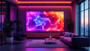 A photograph of a modern interior setting featuring vibrant led wall panels in use