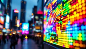A photograph of a vibrant led display in a bustling dallas setting