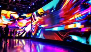 A photograph of capture a photograph of a vibrant led display in a dynamic setting