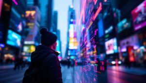 A photograph of capture a photograph of a vibrant led display in a bustling urban environment