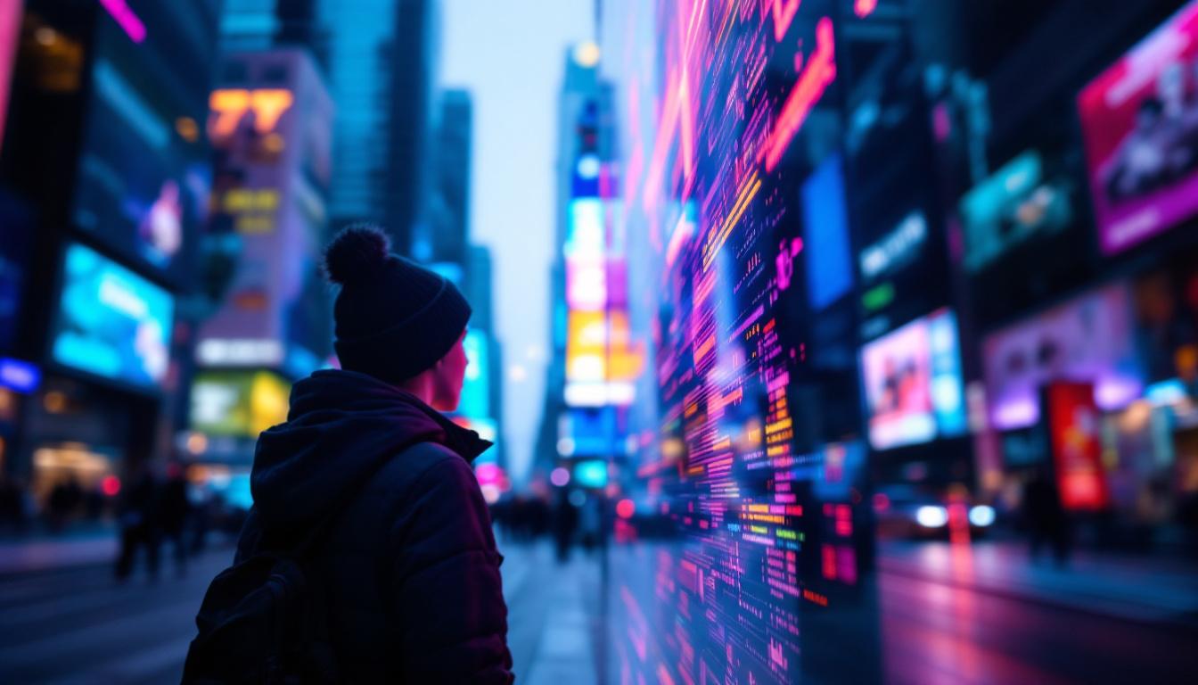 A photograph of capture a photograph of a vibrant led display in a bustling urban environment