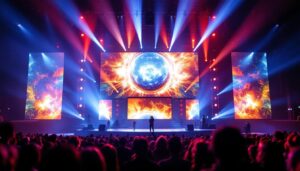 A photograph of a vibrant stage setup featuring a large led display in action