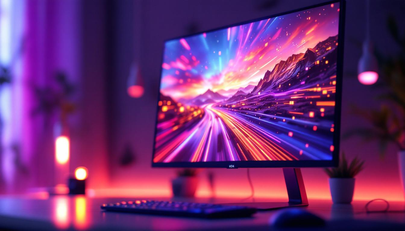 A photograph of a vibrant led screen monitor displaying dynamic visuals