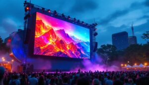 A photograph of capture a photograph of a vibrant outdoor event featuring a large jumbo tron tv displaying dynamic visuals