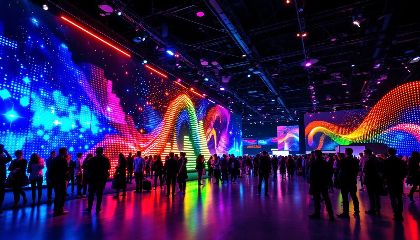 A photograph of a vibrant trade show booth showcasing an eye-catching led display