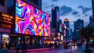A photograph of a vibrant led display in a dynamic urban setting at dusk