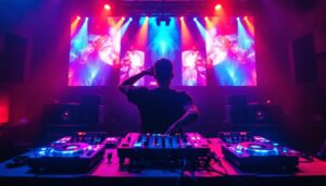 A photograph of a vibrant dj setup featuring dynamic led light screens in action