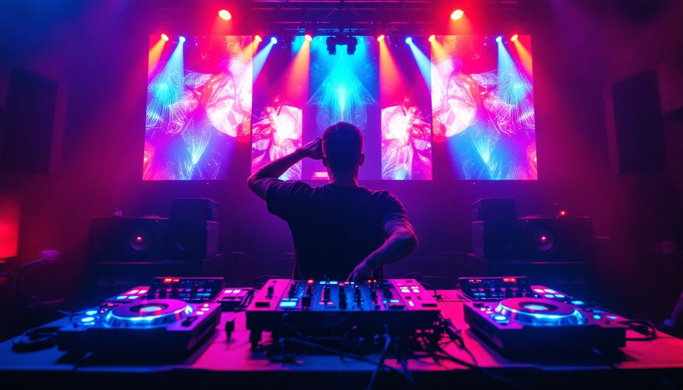 A photograph of a vibrant dj setup featuring dynamic led light screens in action
