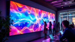 A photograph of capture a photograph of a modern led wall monitor display in a dynamic setting